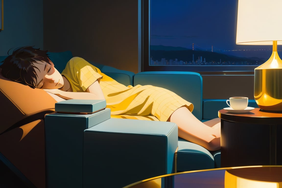  close up, a girl doze off on sofa, in the room, a cup of coffee on the table, midnight, golden ratio, fake detail, trending pixiv fanbox, acrylic palette knife, style of makoto shinkai studio ghibli genshin impact james gilleard greg rutkowski chiho aoshima, better photography