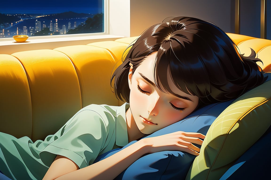 close up, a girl sleep on sofa , in the room, midnight, , golden ratio, fake detail, trending pixiv fanbox, acrylic palette knife, style of makoto shinkai studio ghibli genshin impact james gilleard greg rutkowski chiho aoshima, lofi style,style of makoto shinkai studio ghibli genshin impact james gilleard greg rutkowski chiho aoshima, lofi style, better photography