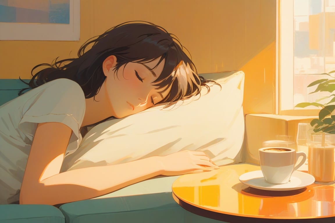 close up, a girl sleep on sofa ,coffee shop, golden ratio, fake detail, trending pixiv fanbox, acrylic palette knife, style of makoto shinkai studio ghibli genshin impact james gilleard greg rutkowski chiho aoshima, lofi style,