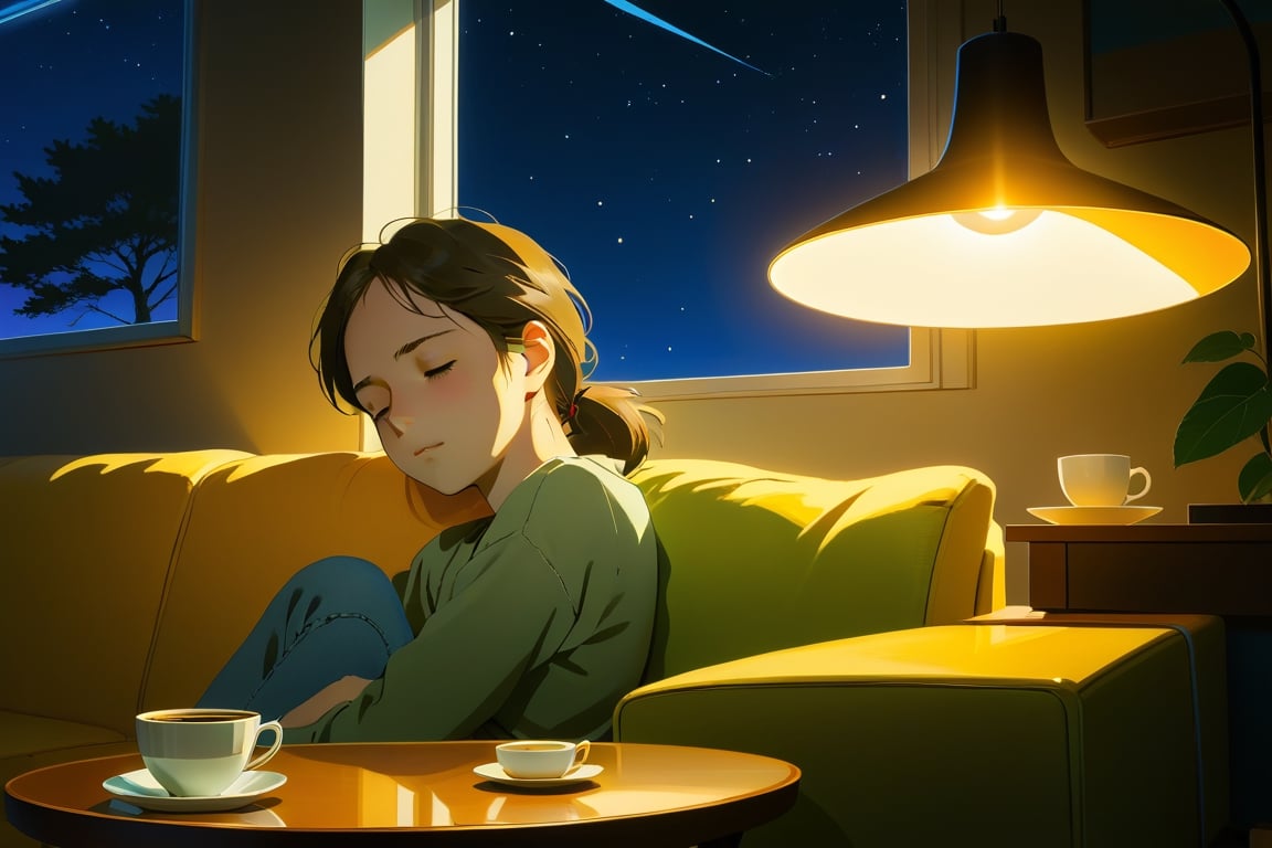 close up, a girl doze off, sit on sofa, in the room, midnight, a cup of coffee on the table, golden ratio, fake detail, trending pixiv fanbox, acrylic palette knife, style of makoto shinkai studio ghibli genshin impact james gilleard greg rutkowski chiho aoshima, better photography