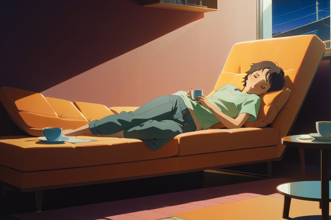 style of makoto shinkai studio ghibli genshin impact james gilleard greg rutkowski chiho aoshima, lofi style, close up, a girl doze off on sofa, room, a cup of coffee on the table, midnight, golden ratio, fake detail, trending pixiv fanbox, acrylic palette knife, style of makoto shinkai studio ghibli genshin impact james gilleard greg rutkowski chiho aoshima, lofi style,