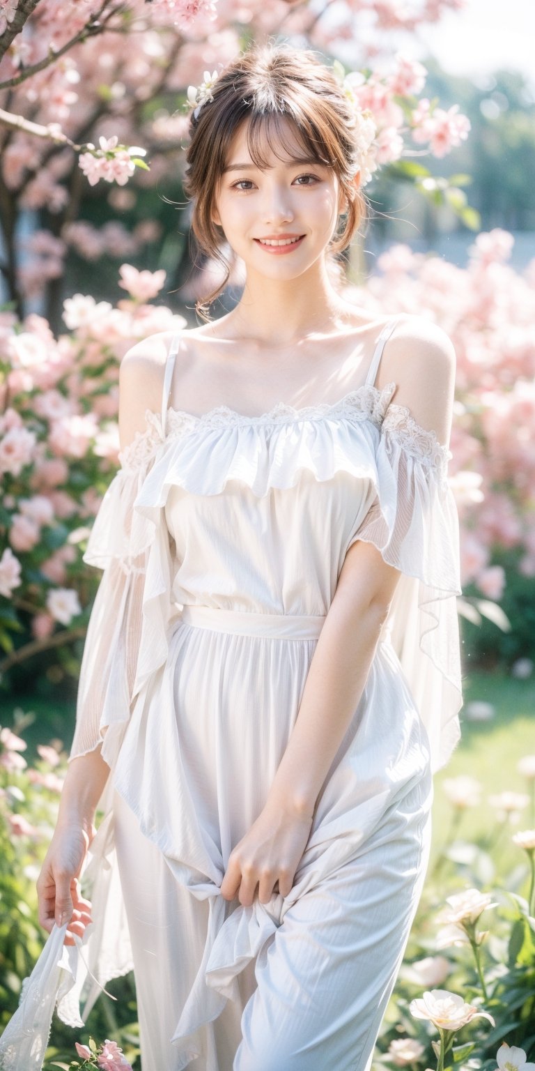 Best quality, masterpiece, ultra high res, (photorealistic:1.4), raw photo, 1girl, white dress, off shoulder, blossom flower field, glowing skin, light smile