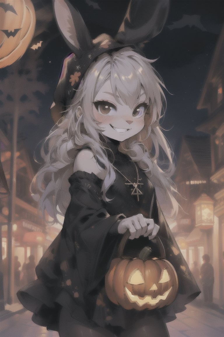 1girl, cute, rabbit furry, rabbit girl,  kemono, chibi, loli. black eyes, smirking, grinning, naughty face, bunny nose. goth girl, wearing black clothes, black head covering, hair covered, black rabbit ears, small white flufy rabbit tail. village square at halloween, pumpkins, jack-o-lantern. 