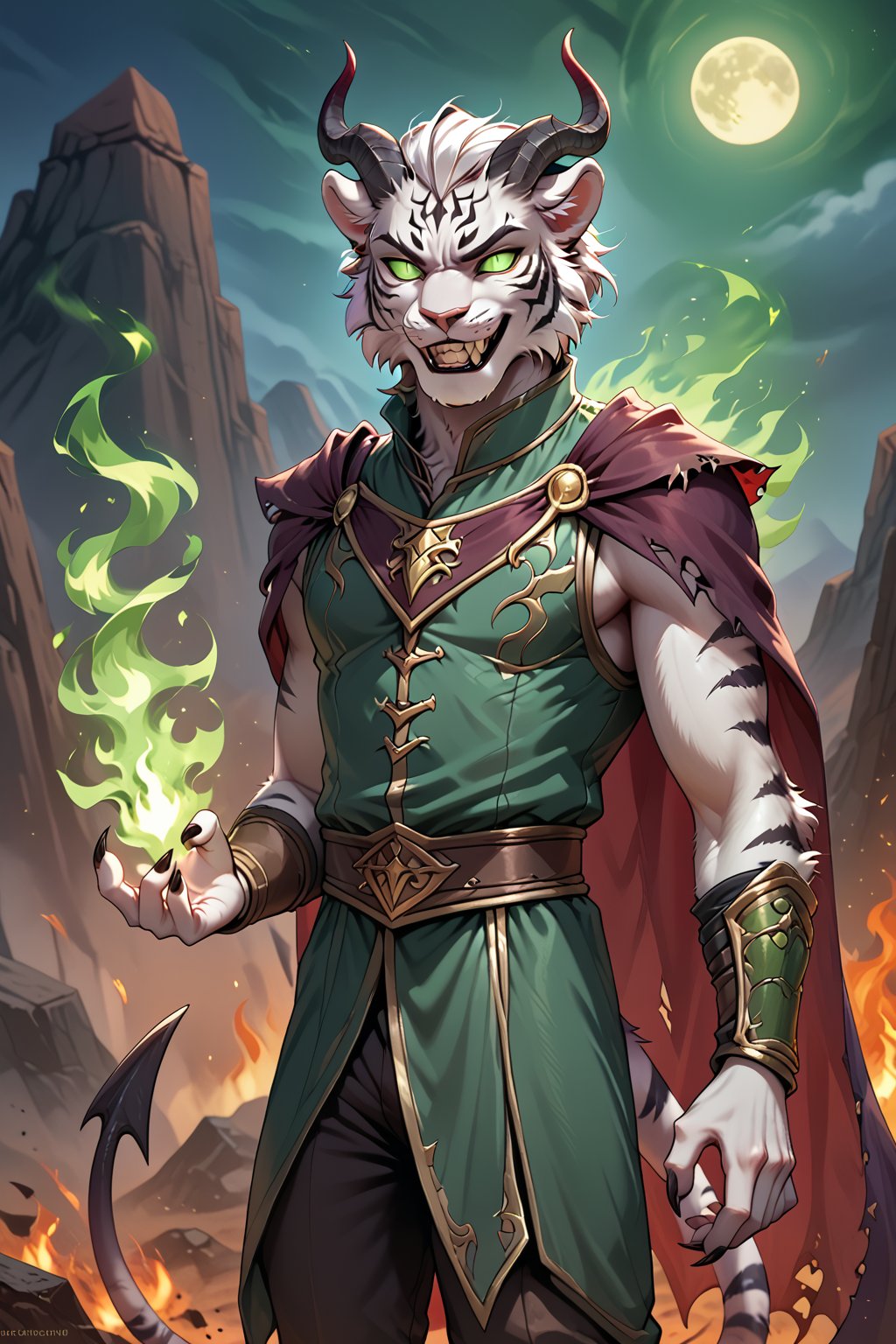 Score_9, score_8_up, score_7_up, score_6_up, score_5_up, A majestic anthropomorphic catman, a white tiger tiefling, stands tall amidst a desolate desert evening. His slender, lean physique is draped in loose dark green shirt, green vest and pants, and brown leather armor, with a black translucent cape flowing behind him. Bald, with green slit eyes gleaming mischievously, he sports an evil grin, showcasing sharp white teeth. His clawed fingers, adorned with black claws on fingertips, are outstretched, holding crackling white fire between them as if defying gravity. In mid-air, he levitates, exuding a sense of telekinetic power. green fire magic, glowing, evil, demonic, demon, scary, curved horns, tiefling, horns.,Tiefling,tail, pointed ears, colored s, skinny, gaunt, starving, 