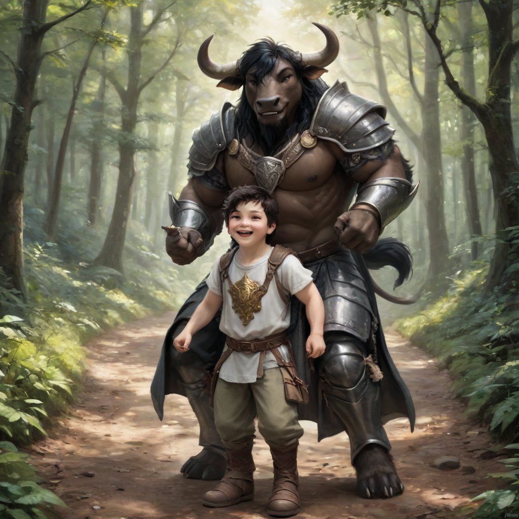 score_9, score_8_up, score_7_up, score_6_up, score_5_up, In a warm and serene sunlight, a large Minotaur walks down a winding forest road with a small human boy on his shoulders. The mighty Minotaur's strong cloven hooves firmly planted on the earth, he radiates protection and guidance. The tiny dark-haired human boy child wears a hat and a simple shirt and pants and. source_anime, source_real, 1ANTHRO (\A huge Minotaur male, semirealistic, giant, muscular, cow tail, furry hands, cloven hooves, breastplate, chest armour platemail, cloak, closed shirt, padded jacket, tunic, trousers, chainmail, furry cape, large backpack, sword\), 1BOY (\young, human male, child, dark hair, wearing hat, wearing shirt and pants)\, (grinning, smiling, happy expression, friendly, big grin,open mouth, teeth, cheesy grin), SUPERQUALITY,more detail XL,carrying, on shoulders, shoulder carry, fully_clothed, fully_dressed