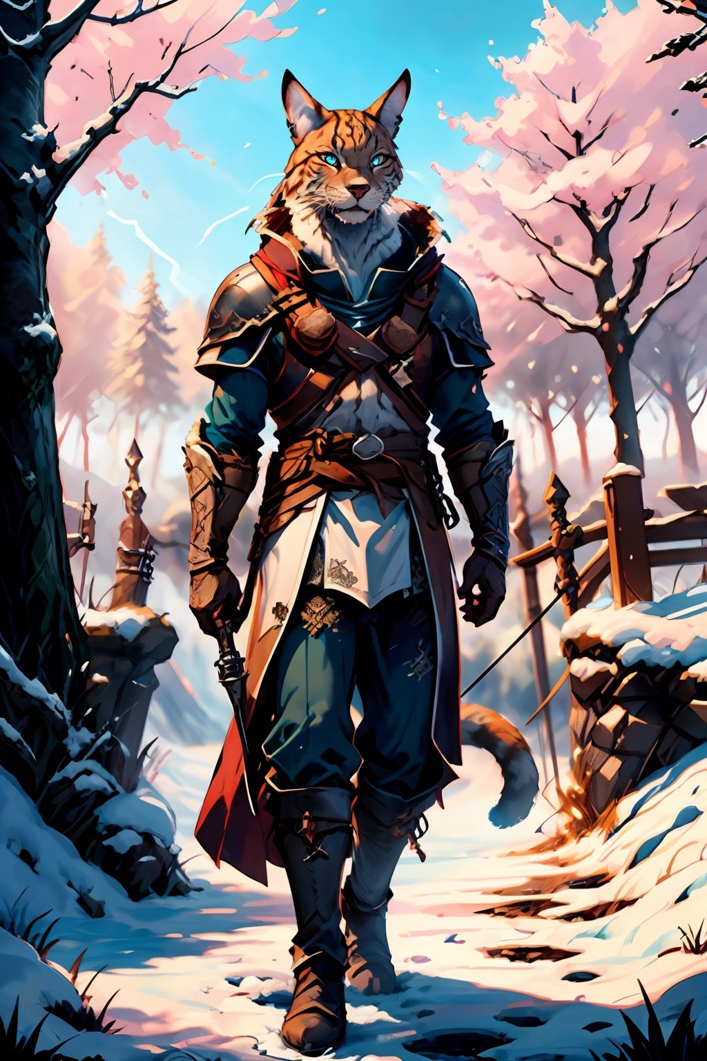 a male warrior with the head of a lynx with grey white and patchy fur on his face and long white fluffy cheeks and whiskers and icy blue eyes. a long cat tail behind. wearing ornate steel armour and boots,holding a mace in one hand and a round shield in the other. standing in a snowy field with trees in the distance.l, (masterpiece, best quality, extremely detailed, intricately detailed, photo-realistic, absurdres, chiaroscuro lighting, ray tracing, polished, high resolution, volumetric lightning, ((green accents, maroon attachments, steel cuirass with bandolier)), More Detail,medieval armor
