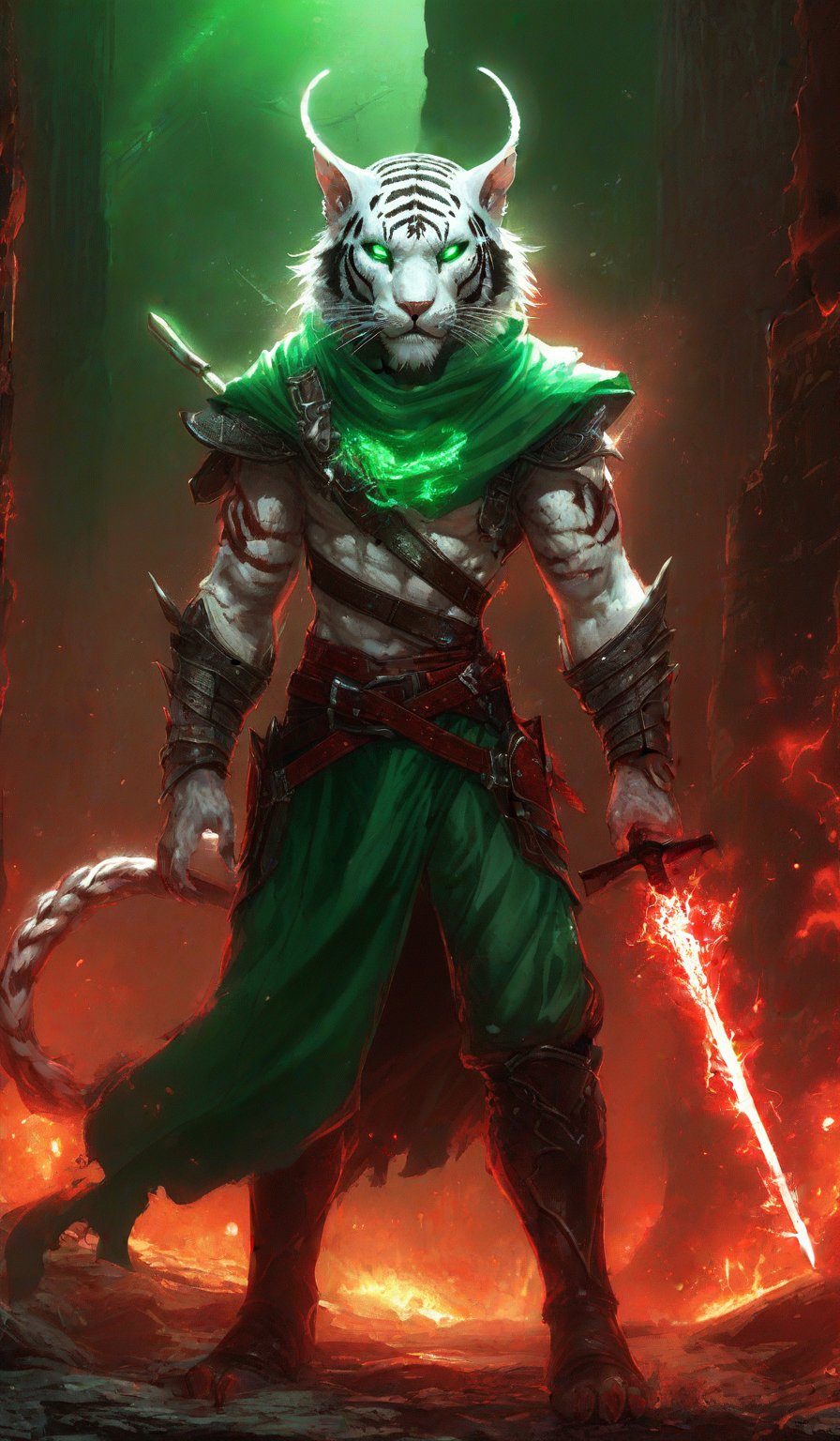 A semi-realistic anthro white tiger tiefling (Dungeons and Dragons), standing in a hellish fiery battlefield, magic red glowing rapier (sword) in hand, white fur, skin horns, determined face, skinny, emerald green eyes, no hair, green entertainers outfit with leather armor, crumbling ruins, smoke, glowing runes, resolute smile, expressive, looking_at_camera, full body