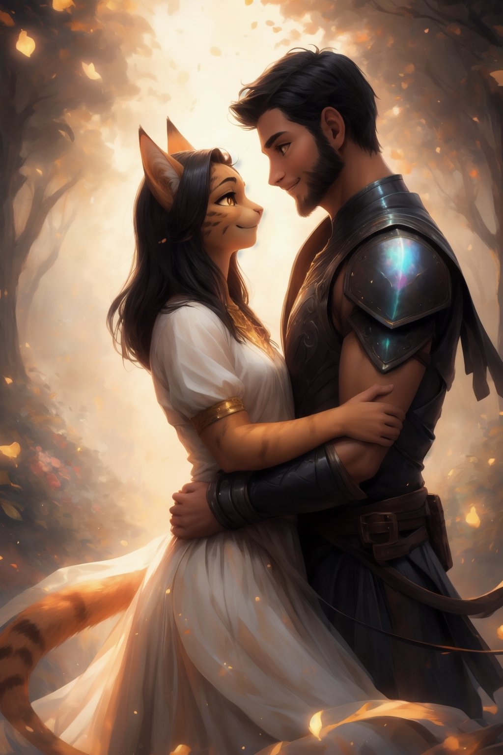 1 boy (non-furry, human male, tall, black hair, black eyes, beard, black armour, scabbard:1.1).

1 girl (female khajiit, short, orange fur, head_fur, golden eyes, smiling, chest_tuft, orange paws, white_dress:1.1). 

In a park setting on a sunny day, warm and inviting atmosphere.

human boy and khajiit girl hugging, looking at each other,  tender gaze, foreheads touching,(Couple, Human_on_anthro, human_on_furry, human/anthro, furry female, human male). 

colorful,  ultra highly detailed,  32 k,  Fantastic Realism complex background,  dynamic lighting,  lights,  digital painting,  intricated pose,  highly detailed intricated,  stunning,  textures,  iridescent and luminescent scales,  breathtaking beauty,  pure perfection,  divine presence,  unforgettable,  impressive,  volumetric light,  auras,  rays,  vivid colors reflects. 