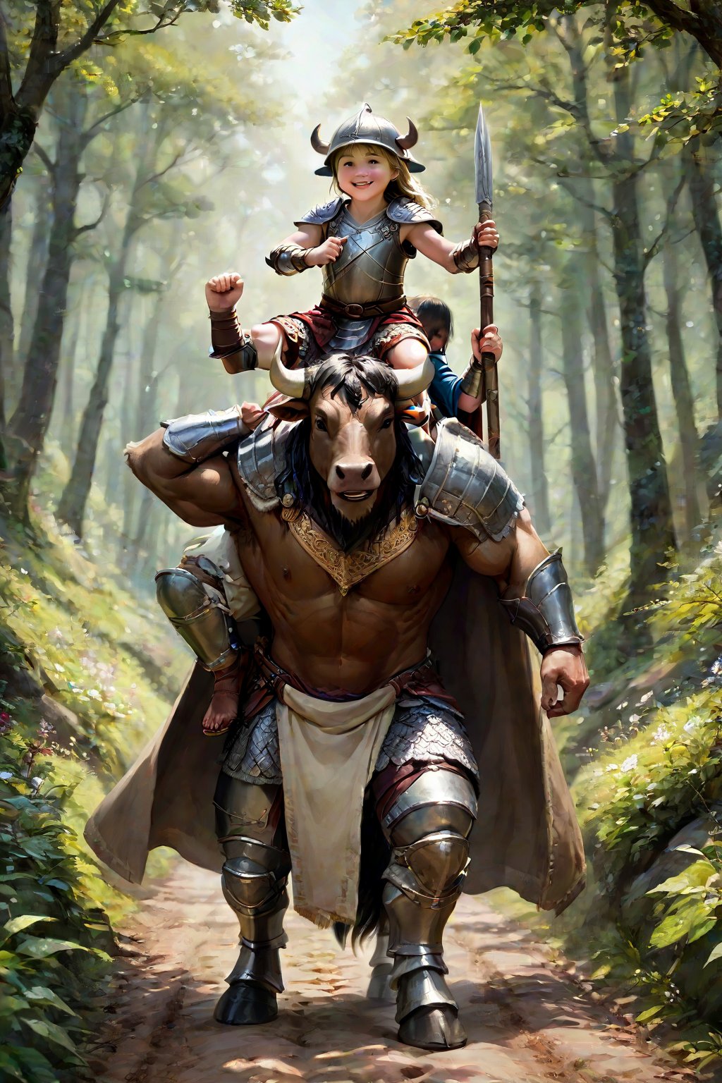 score_9, score_8_up, score_7_up, score_6_up, score_5_up, In a warm and serene sunlight, an older Minotaur male with his young human son and daughter walk hand-in-hand down a winding forest road. The mighty Minotaur carries his children on his shoulders, their arms wrapped around his neck as they gaze up at him. His strong cloven hooves firmly planted on the earth, he radiates protection and guidance. Beside him, the young boy dons a simple tunic, spear in hand, while the little girl wears a floral dress and hat, her blonde locks bouncing with each step. source_anime, source_real, 3characters (1anthro, 1boy, 1girl), 1ANTHRO (\A mighty Minotaur, semirealistic, giant, muscular, male, minotaur, cow tail, furry hands, cloven hooves, breastplate, chest armour platemail, cloak, closed shirt, padded jacket, tunic, trousers, chainmail, furry cape, large backpack, sword\), 1GIRL (\little girl, young, blonde, HUMAN, child, long hair, fully clothed, floral dress, hat), 1BOY (\ young boy, human, dark hair, bag, Leather armour, standing, spear, helmet\), (grinning, smiling, happy expression, friendly, big grin,open mouth, teeth, cheesy grin), SUPERQUALITY,more detail XL,carrying, arms around neck, on shoulders, shoulder carry, holding hands, fully_clothed, fully_dressed