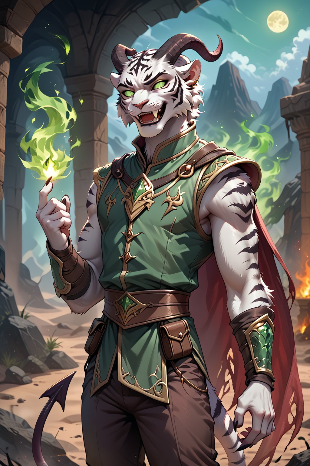 Score_9, score_8_up, score_7_up, score_6_up, score_5_up, A majestic anthropomorphic catman, a white tiger tiefling, stands tall amidst a desolate desert evening. His slender, lean physique is draped in loose dark green shirt, green vest and pants, and brown leather armor, with a black translucent cape flowing behind him. Bald, with green slit eyes gleaming mischievously, he sports an evil grin, showcasing sharp white teeth. His clawed fingers, adorned with black claws on fingertips, are outstretched, holding crackling white fire between them as if defying gravity. In mid-air, he levitates, exuding a sense of telekinetic power. green fire magic, glowing, evil, demonic, demon, scary, curved horns, tiefling, horns.,Tiefling,tail, pointed ears, colored s, skinny, gaunt, starving, 