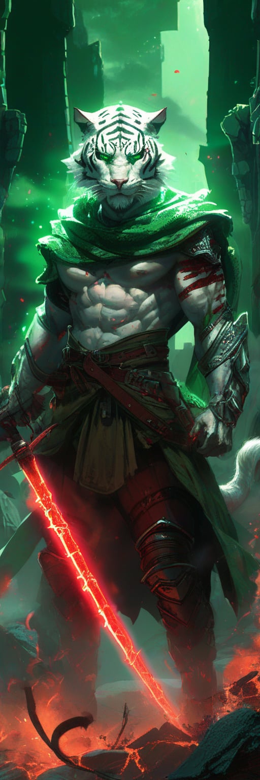 A semi-realistic anthro white tiger tiefling (Dungeons and Dragons), standing in a hellish fiery battlefield, magic red glowing rapier (sword) in hand, white fur, skin horns, determined face, skinny, emerald green eyes, no hair, green entertainers outfit with leather armor, crumbling ruins, smoke, glowing runes, resolute smile, expressive, looking_at_camera, full body