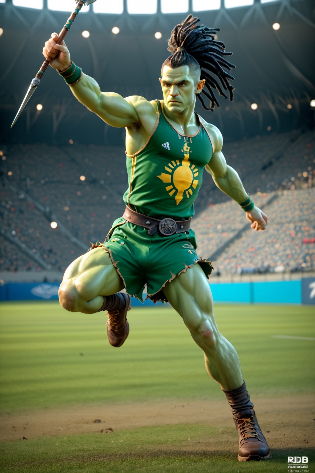 score_9,score_8_up,score_7_up,score_6_up, 4K fantasy anime style, digital drawing mode, green skinned male orc barbarian, orc man with black hair in dreadlocks, wild green eyes, leaning backwards, wearing sports clothes reminiscent of primitive barbarian armor adorned with skulls and golden tribal tattoos, male olympic athlete, holding a long (spear, javelin) up across his chest ready to throw, background of an olympic stadium, green skin tone, full_body, dynamic pose, throwing, detailed clothing and skin texture, sports shoes, full HD, 4K, HDR, depth of field, action shot, holding javelin, raised hand, realistic, photoreal, photorealistic,source_anime,Unlimited Blade Works,Spear,holding weapon, aiming