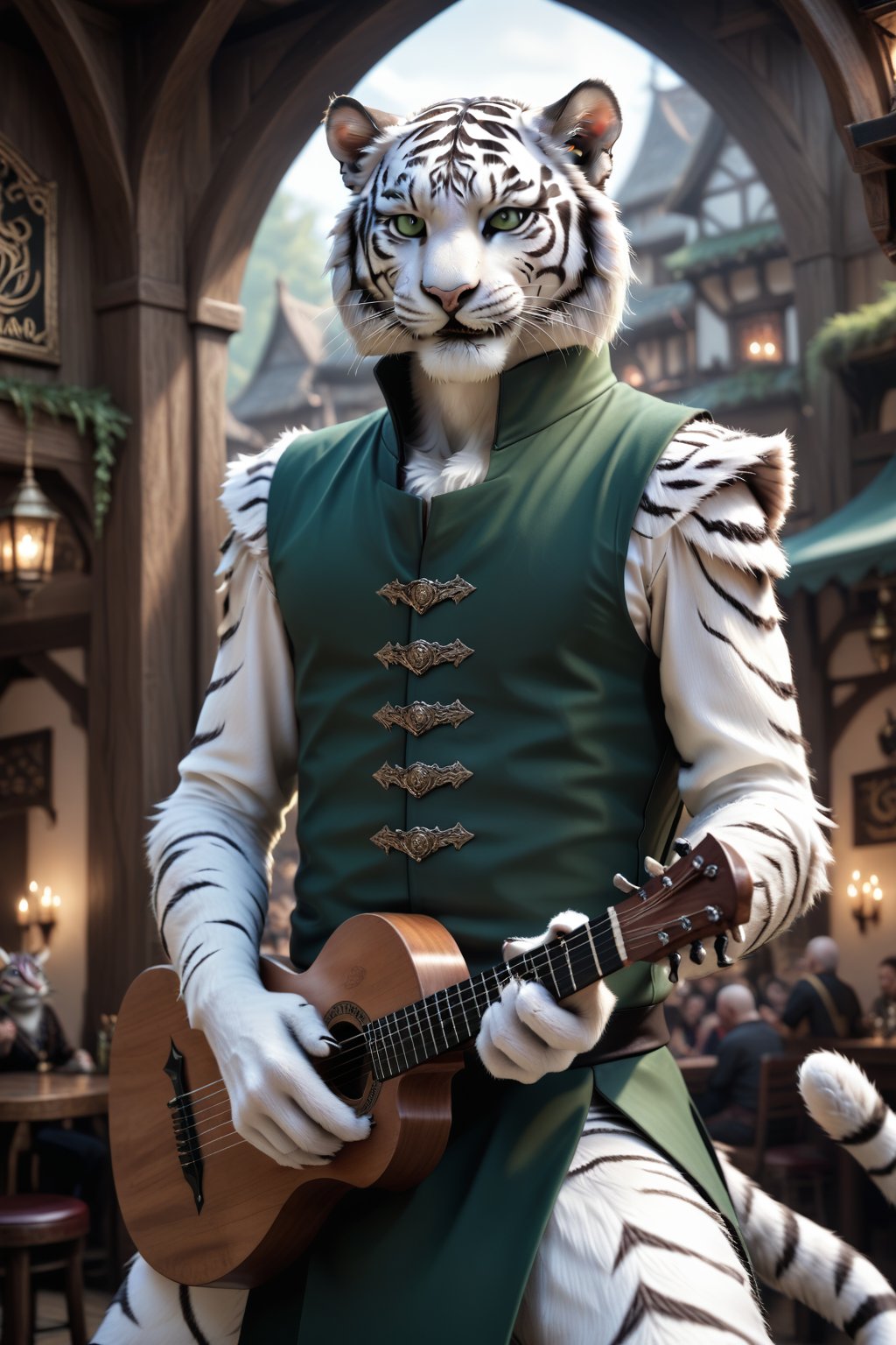 Score_9, score_8_up, score_7_up, score_6_up, score_5_up, A majestic anthropomorphic catman, a white tiger tiefling, stands on a stage in the centre of a bustling fantasy tavern performing on the lute. His slender, lean physique is draped in loose dark green shirt, green vest and pants, and brown leather armor. Bald, with green slit eyes gleaming mischievously, he sports a mischievous grin, showcasing sharp white teeth. His clawed fingers, adorned with black claws on fingertips, are outstretched, holding an intricately detailed lute. He has two left hands. skinny, gaunt, starving, Tiger,Anthro, Furry, Anthro,fluffy,fur,detailed fur,body fur,tuft,Extremely Realistic