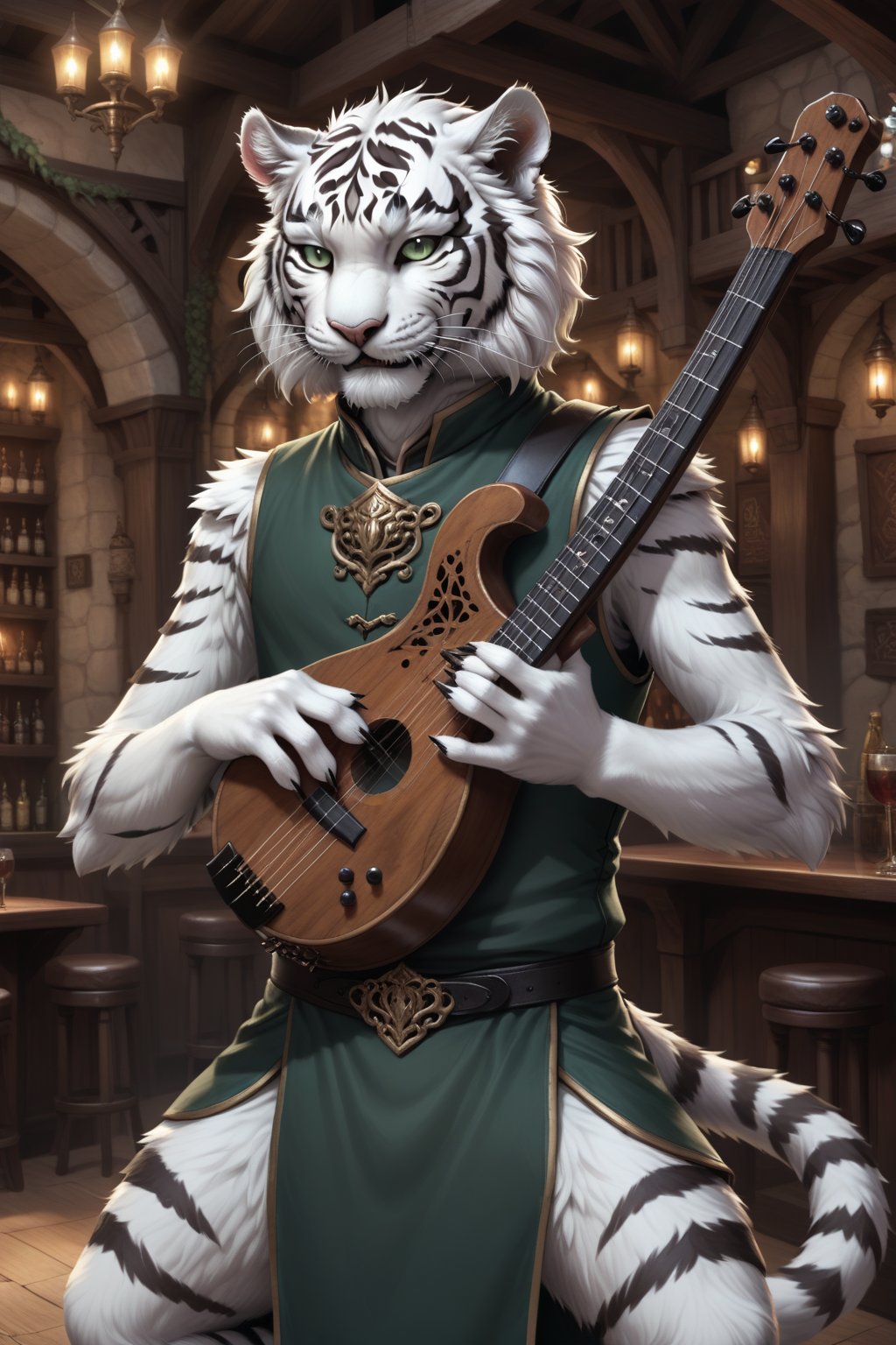 Score_9, score_8_up, score_7_up, score_6_up, score_5_up, A majestic anthropomorphic catman, a white tiger tiefling, stands on a stage in the centre of a bustling fantasy tavern performing on the lute. His slender, lean physique is draped in loose dark green shirt, green vest and pants, and brown leather armor. Bald, with green slit eyes gleaming mischievously, he sports a mischievous grin, showcasing sharp white teeth. His clawed fingers, adorned with black claws on fingertips, are outstretched, holding an intricately detailed lute. He has two left hands. skinny, gaunt, starving, Tiger,Anthro, Furry, Anthro,fluffy,fur,detailed fur,body fur,tuft