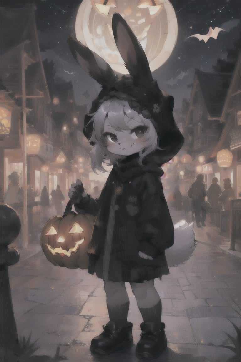 1girl, cute, rabbit furry, rabbit girl,  kemono, chibi, loli. black eyes, smirking, naughty face, bunny nose. goth girl, wearing black clothes, black head covering, hair covered, black rabbit ears, short white flufy rabbit tail. village square at halloween, pumpkins, jack-o-lantern. 