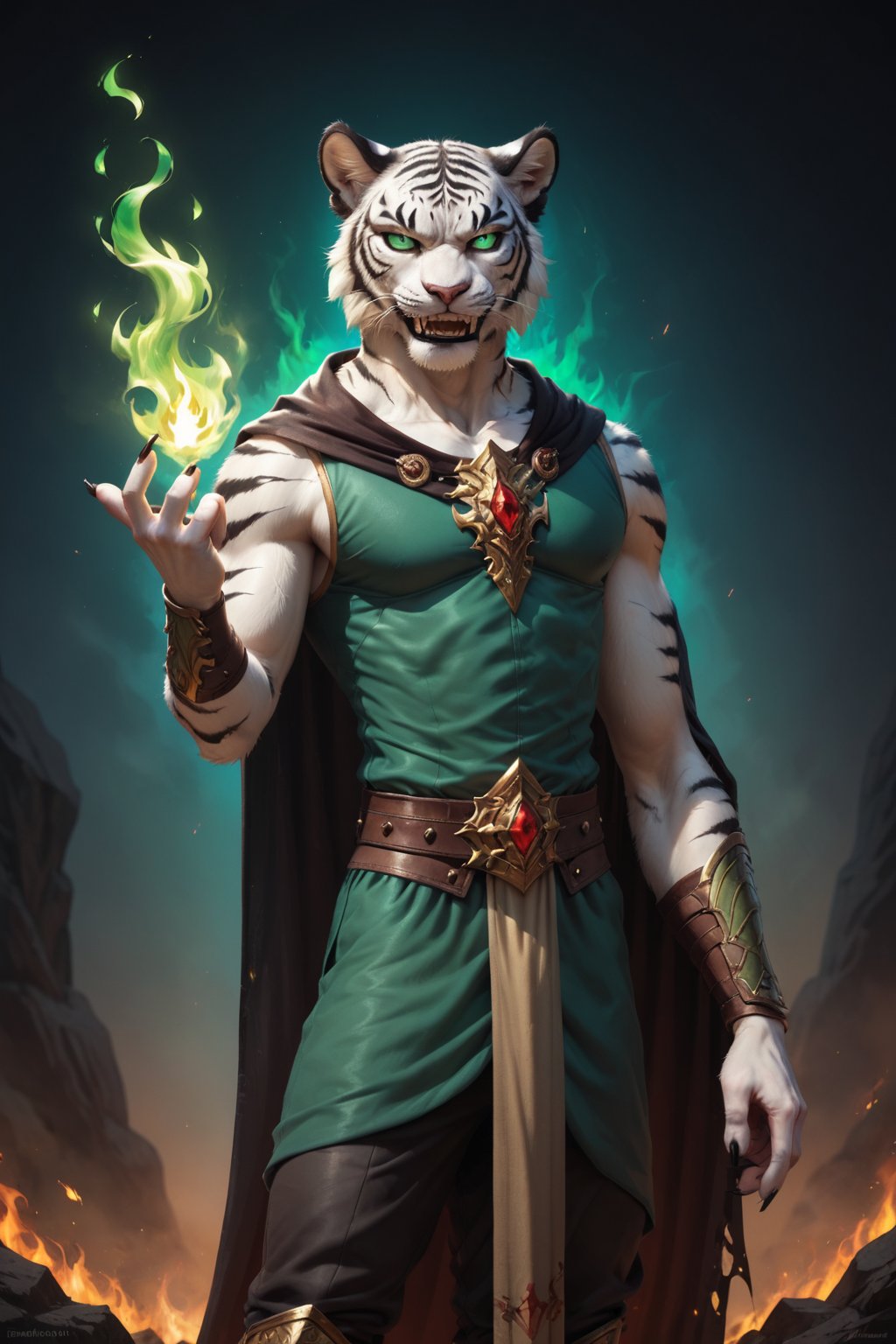 Score_9, score_8_up, score_7_up, score_6_up, score_5_up, A majestic anthropomorphic catman, a white tiger tiefling, stands tall amidst a desolate desert evening. His slender, lean physique is draped in loose dark green shirt, green vest and pants, and brown leather armor, with a black translucent cape flowing behind him. Bald, with green slit eyes gleaming mischievously, he sports an evil grin, showcasing sharp white teeth. His clawed fingers, adorned with black claws on fingertips, are outstretched, holding crackling white fire between them as if defying gravity. In mid-air, he levitates, exuding a sense of telekinetic power. green fire magic, glowing, evil, demonic, scary.