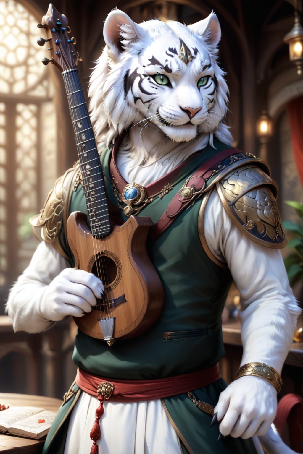 Score_9, score_8_up, score_7_up, score_6_up, score_5_up, A majestic anthropomorphic catman, a white tiger tiefling, stands on a stage in the centre of a bustling fantasy tavern performing on the lute. His slender, lean physique is draped in loose dark green shirt, green vest and pants, and brown leather armor. Bald, with green slit eyes gleaming mischievously, he sports a mischievous grin, showcasing sharp white teeth. His clawed fingers, adorned with black claws on fingertips, are outstretched, holding an intricately detailed lute. He has two left hands. skinny, gaunt, starving, Tiger,Anthro, Furry, Anthro,fluffy,fur,detailed fur,body fur,tuft,Extremely Realistic