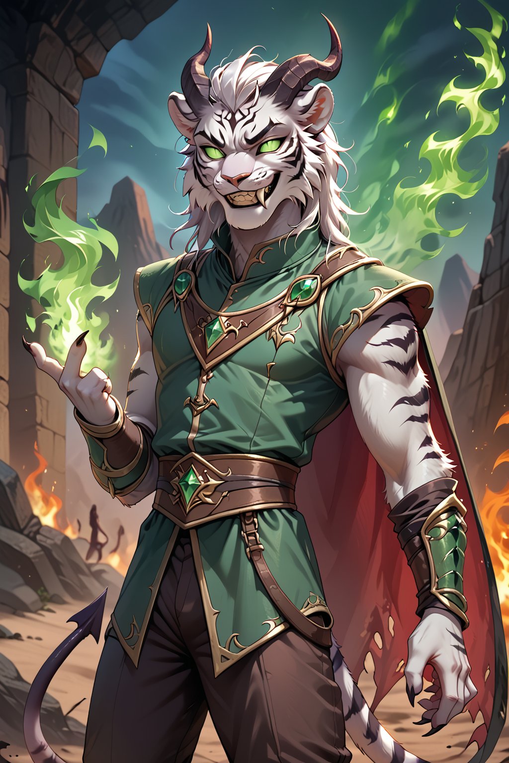 Score_9, score_8_up, score_7_up, score_6_up, score_5_up, A majestic anthropomorphic catman, a white tiger tiefling, stands tall amidst a desolate desert evening. His slender, lean physique is draped in loose dark green shirt, green vest and pants, and brown leather armor, with a black translucent cape flowing behind him. Bald, with green slit eyes gleaming mischievously, he sports an evil grin, showcasing sharp white teeth. His clawed fingers, adorned with black claws on fingertips, are outstretched, holding crackling white fire between them as if defying gravity. In mid-air, he levitates, exuding a sense of telekinetic power. green fire magic, glowing, evil, demonic, demon, scary, curved horns, tiefling, horns.,Tiefling,tail, pointed ears, colored s, skinny, gaunt, starving, 