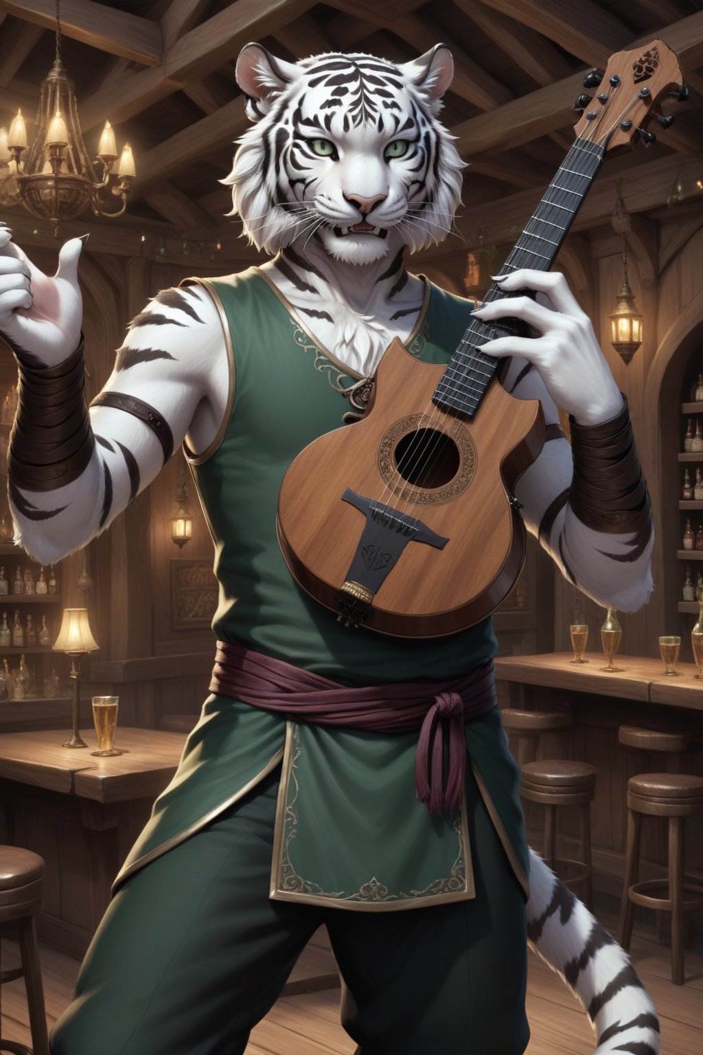 Score_9, score_8_up, score_7_up, score_6_up, score_5_up, A majestic anthropomorphic catman, a white tiger tiefling, stands on a stage in the centre of a bustling fantasy tavern performing on the lute. His slender, lean physique is draped in loose dark green shirt, green vest and pants, and brown leather armor. Bald, with green slit eyes gleaming mischievously, he sports a mischievous grin, showcasing sharp white teeth. His clawed fingers, adorned with black claws on fingertips, are outstretched, holding an intricately detailed lute. He has two left hands. skinny, gaunt, starving, Tiger,Anthro, Furry, Anthro 