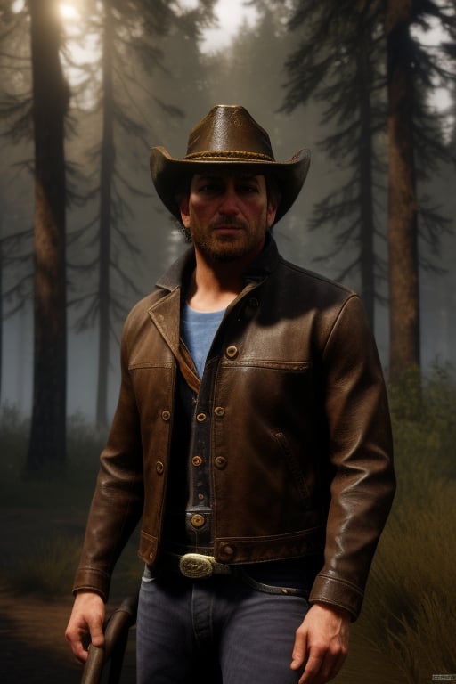 photorealistic,arthur_morgan,male focus, 1man, solo, Sexy Muscular, facial hair, beard, arm hair, muscular, cowboy hat, (brown leather jacket), blue shirt, looking at viewer, rat, pet rat, rat on shoulder, evening, outdoors, Standing in a dark forest. soft natural light, photographic, extremely detailed, intricate, anatomically correct, anatomically_correct, (Masterpiece, intricate details, Best Quality), 10K high resolution, masterpiece, photograph:1.5 , realistic, full_body 