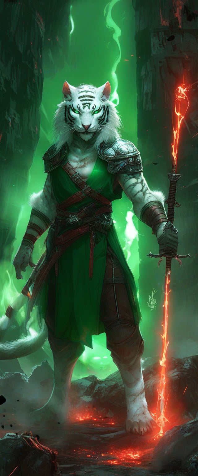 A semi-realistic anthro white tiger tiefling (Dungeons and Dragons), standing in a hellish fiery battlefield, magic red glowing rapier (sword) in hand, white fur, skin horns, determined face, skinny, emerald green eyes, no hair, green entertainers outfit with leather armor, crumbling ruins, smoke, glowing runes, resolute smile, expressive, looking_at_camera, full body