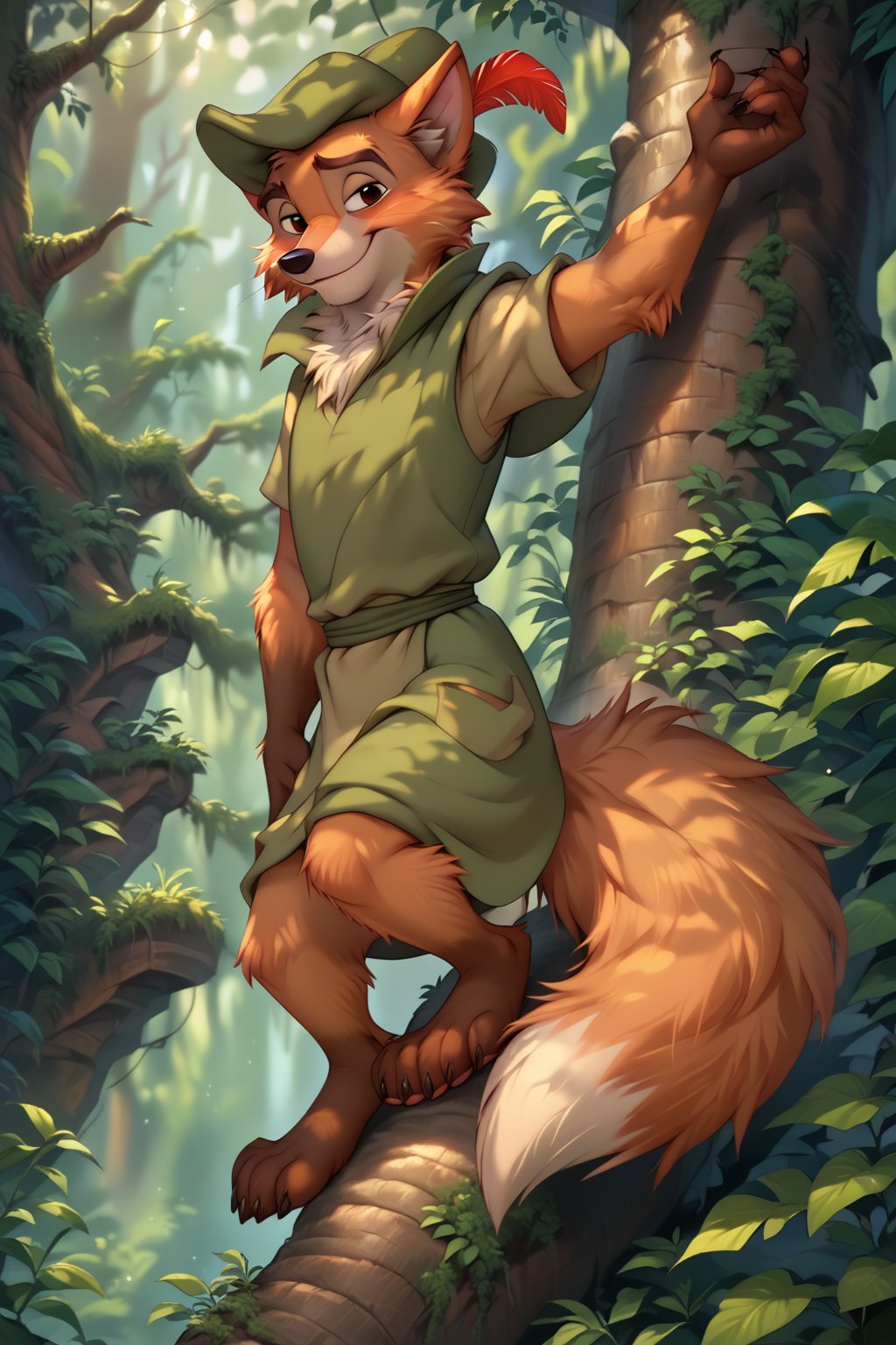 score_9, score_8_up, score_7_up, score_6_up, score_5_up, score_4_up, disney, robin hood, fully clothed, solo, male fox, source_furry, source_cartoon, retro style,detailed fur,body fur,tuft,fluffy, bushy tail, brown eyes, headwear, tunic, full body, confident, handsome, smiling, in the forest, climbing a tree