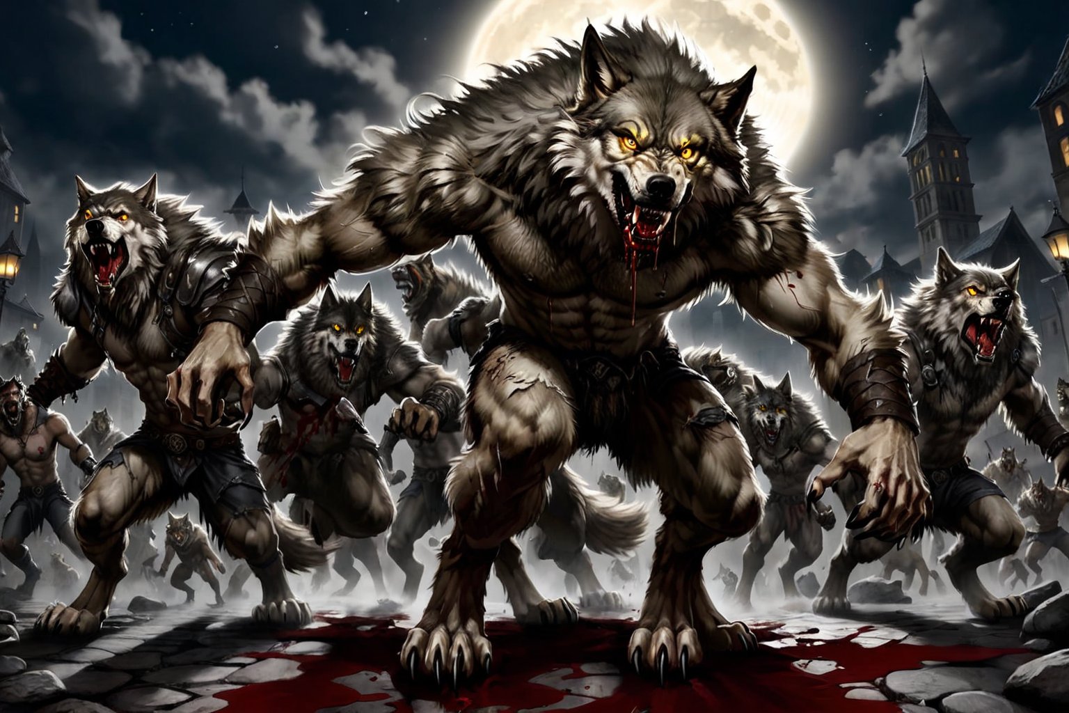 dystopian art, group shot, pack of werewolves, anthropomorphic creatures with human-like body but wolf-like heads, epic fantasy character art, black torn cape, gauntlets, golden eyes, background with full moon, DnD, in the style of realistic and hyper-detailed renderings, 8k, detailed eyes, glowing eyes, epic, dramatic, fantastical, full body, intricate design and details, dramatic lighting, shaggy fur, body fur, clawed_toes, clawed_fingers, skinny, rakish, gaunt, hungry, starving, drooling, (anthro male wolf:1.2), wolf_male, monster, multiple_boys,werewolf, (on all fours:0.5), dynamic poses, menacing, blood, gore