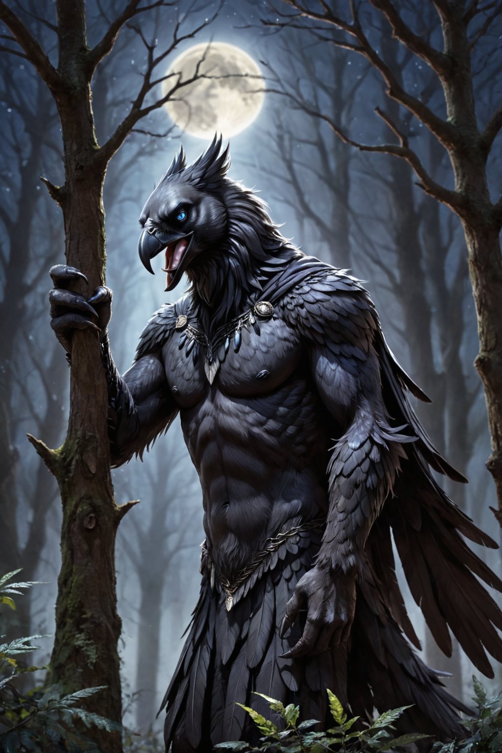 Score_9, Score_9_up,  score_8_up,  score_7_up, score_6_up, score_5_up, A majestic half-man, half-raven creature stands tall in a dark forest at night. The camera zooms in on its face, sharp focus revealing piercing bright blue eyes that seem to glow with an otherworldly intensity. Its raven-headed features are set in a determined expression, with sharp jawline and prominent cheekbones. A flowing black cloak billows behind it like a dark cloud. In the background, twisted tree branches loom large under the moonlight. Black wings sprout from its back, covered in high-detail black feathers that appear as soft as silk. Strong arms end in razor-sharp talons. The subject's grey feather beard catches the faint light, adding an air of mystique to its already formidable presence. SUPERQUALITY, black beak, grey hair, black body, black fur, body feathers, body fur, black fur, black feathers, talons, male, masculine, ravens, anthro, furry, human raven hybrid