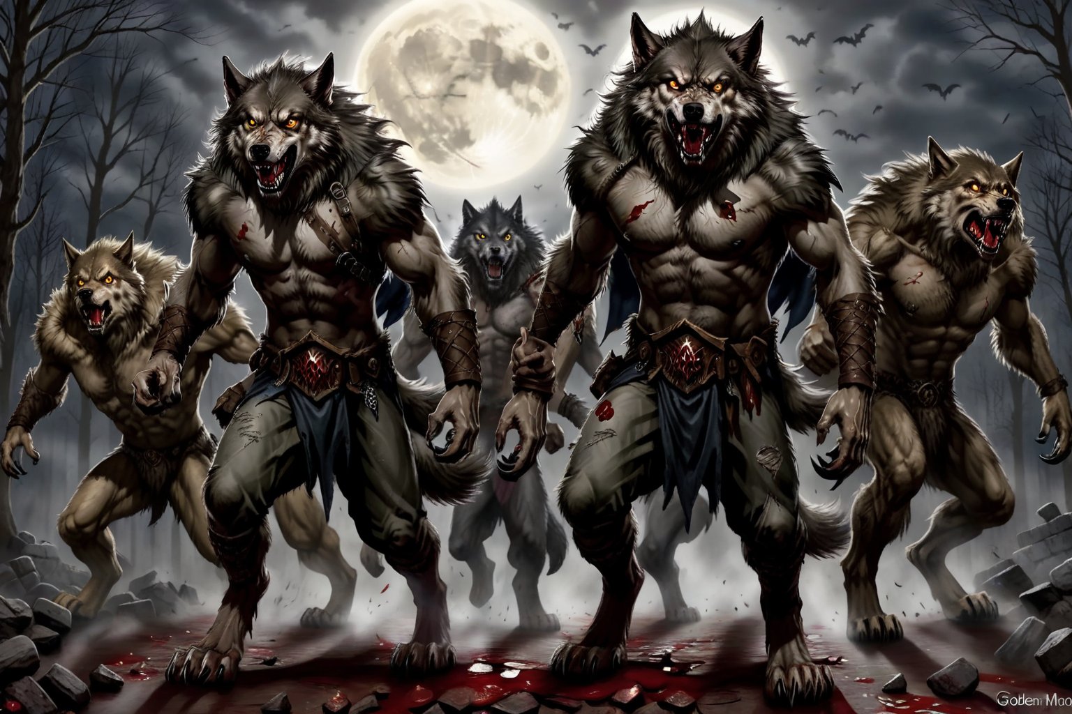 In a desolate, moonlit village, a pack of anthropomorphic werewolves stands in unison, their human-like bodies clothed in tattered armor. A dominant figure, with black torn cape billowing behind him, commands the scene. His golden eyes glow with an otherworldly intensity as he surveys his domain. Each werewolf's wolf-like head is adorned with a unique expression: hunger and starvation writ large on their faces, gaunt cheeks and jawlines accentuated by the flickering moonlight. Clawed toes and fingers flex menacingly, threatening to rend the air. The group's dynamic poses convey a sense of feral tension, as if they are poised to strike at any moment, bathed in the eerie glow of the full moon. dystopian art, group shot, pack of werewolves, anthropomorphic creatures with human-like body but wolf-like heads, epic fantasy character art, black torn cape, gauntlets, golden eyes, background with full moon, DnD, in the style of realistic and hyper-detailed renderings, 8k, detailed eyes, glowing eyes, epic, dramatic, fantastical, full body, intricate design and details, dramatic lighting, shaggy fur, body fur, clawed_toes, clawed_fingers, skinny, gaunt, hungry, starving, drooling, (anthro wolf),wolf_man, monster, multiple_boys,werewolf, dynamic poses, menacing, blood, gore,shenshou