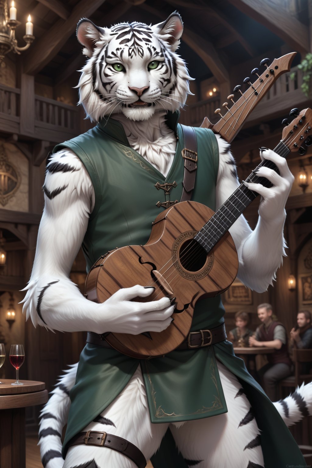 Score_9, score_8_up, score_7_up, score_6_up, score_5_up, A majestic anthropomorphic catman, a white tiger tiefling, stands on a stage in the centre of a bustling fantasy tavern performing on the lute. His slender, lean physique is draped in loose dark green shirt, green vest and pants, and brown leather armor. Bald, with green slit eyes gleaming mischievously, he sports a mischievous grin, showcasing sharp white teeth. His clawed fingers, adorned with black claws on fingertips, are outstretched, holding an intricately detailed lute. He has two left hands. skinny, gaunt, starving, Tiger,Anthro, Furry, Anthro,fluffy,fur,detailed fur,body fur,tuft,Extremely Realistic