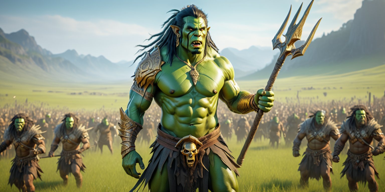 4K anime style, digital drawing mode, fantasy green skinned male orc barbarian, black hair in dreadlocks, wild green eyes, wearing primitive barbarian armor adorned with skulls and golden tribal symbols, golden tattoos, gold shoulder piece, holding a long javelin over his shoulder ready to throw, background of an expansive rolling grassland savannah, several other orcs chase a colourful herd of fantasy animals resembling deer in the distance, green skin tone, full_body, dynamic pose, mid-throw, life size, perfect anatomy, detailed clothing and skin texture, full HD, 4K, HDR, depth of field.,action shot, looking away, holding javelin, raised hand