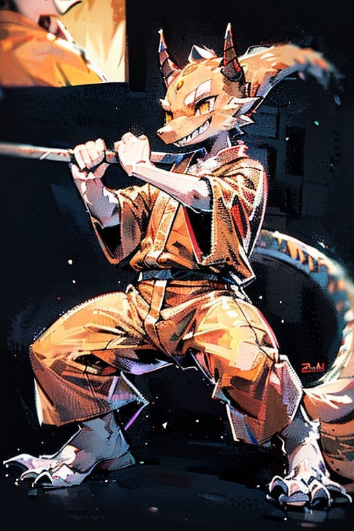 kobold, (1boy), monk,warrior,holding staff,dynamic pose,highest quality,hi res,best quality, orange clothing, Japanese background head horns, swept back horns,feathers on horns, short stack, lithe,skinny, long tail,scaly skin,bronze skin, bronze scales, yellow eyes, long nose, fighting stance,staff,quarterstaff,serpentine features, anthro features, scales, lizard face,kemono, lizard,dragon, kobold, bare feet, 4 toes، velociraptor head, claws,ninja background, ninja clothes, long face,long head, long nose, long staff, very long staff, thick staff, smooth tail,orange clothes,orange outfit,orange cloth, Japanese background,Japanese environment, wearing orange monks robes, wearing orange cloth over mouth, kung-fu pose, staff fighting, narrow tail, holding quarterstaff, straight staff, looking ahead, smiling,sharp teeth, bright yellow eyes, crocodile smile, two head horns, pointy tail,tail tip, two horns,visible tail