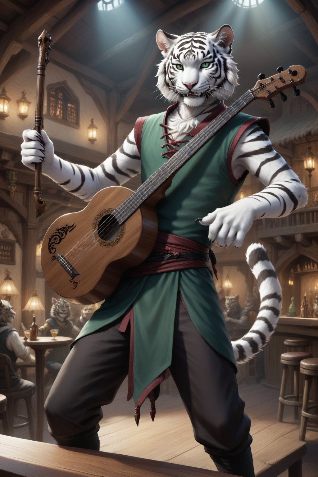 Score_9, score_8_up, score_7_up, score_6_up, score_5_up, A majestic anthropomorphic catman, a white tiger tiefling, stands on a stage in the centre of a bustling fantasy tavern performing on the lute. His slender, lean physique is draped in loose dark green shirt, green vest and pants, and brown leather armor. Bald, with green slit eyes gleaming mischievously, he sports a mischievous grin, showcasing sharp white teeth. His clawed fingers, adorned with black claws on fingertips, are outstretched, holding an intricately detailed lute. skinny, gaunt, starving, Tiger,Anthro, Furry, Anthro 