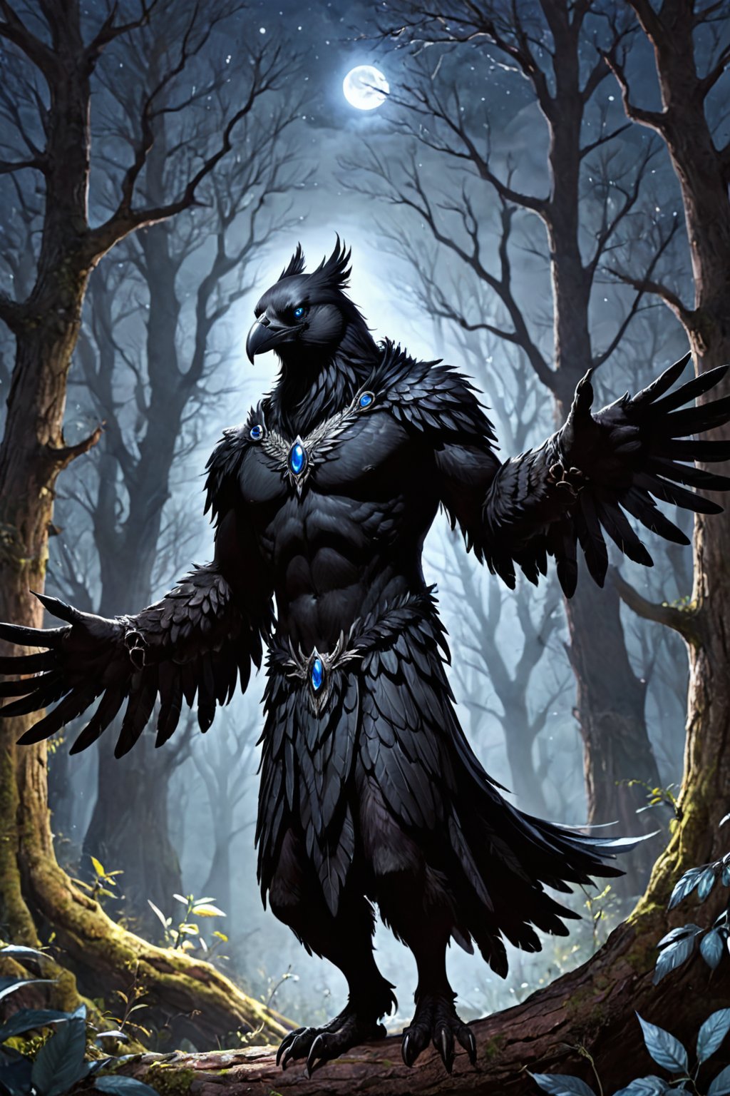 Score_9, Score_9_up,  score_8_up,  score_7_up, score_6_up, score_5_up, A majestic half-man, half-raven creature stands tall in a dark forest at night. The camera zooms in on its face, sharp focus revealing piercing bright blue eyes that seem to glow with an otherworldly intensity. Its raven-headed features are set in a determined expression, with sharp jawline and prominent cheekbones. A flowing black cloak billows behind it like a dark cloud. In the background, twisted tree branches loom large under the moonlight. Black wings sprout from its back, covered in high-detail black feathers that appear as soft as silk. Strong arms end in razor-sharp talons. The subject's grey feather beard catches the faint light, adding an air of mystique to its already formidable presence. SUPERQUALITY, black beak, grey hair, black body, black fur, body feathers, body fur, black fur, black feathers, talons, male, masculine, ravens, anthro, furry, human raven hybrid