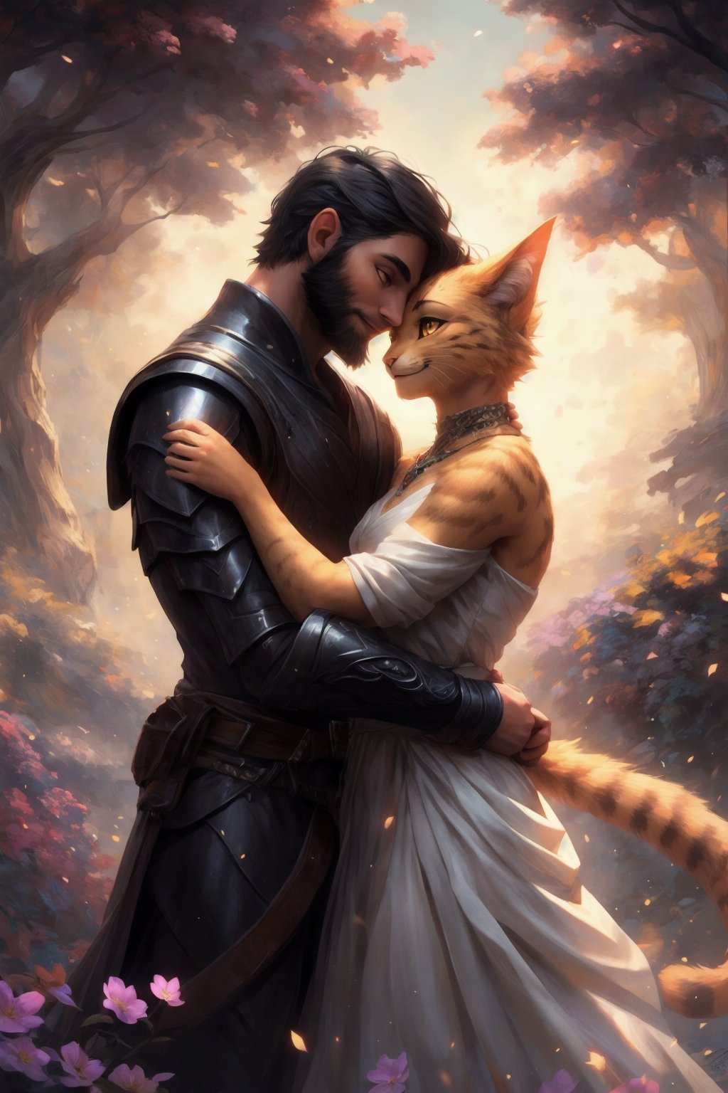 1 boy (non-furry, human male, tall, black hair, black eyes, beard, black armour, scabbard:1.1).

1 girl (female khajiit, short, orange fur, head_fur, golden eyes, smiling, chest_tuft, orange paws, white_dress:1.1). 

In a park setting on a sunny day, warm and inviting atmosphere.

human boy and khajiit girl hugging, looking at each other,  tender gaze, foreheads touching,(Couple, Human_on_anthro, human_on_furry, human/anthro, furry female, human male). 

colorful,  ultra highly detailed,  32 k,  Fantastic Realism complex background,  dynamic lighting,  lights,  digital painting,  intricated pose,  highly detailed intricated,  stunning,  textures,  iridescent and luminescent scales,  breathtaking beauty,  pure perfection,  divine presence,  unforgettable,  impressive,  volumetric light,  auras,  rays,  vivid colors reflects. 