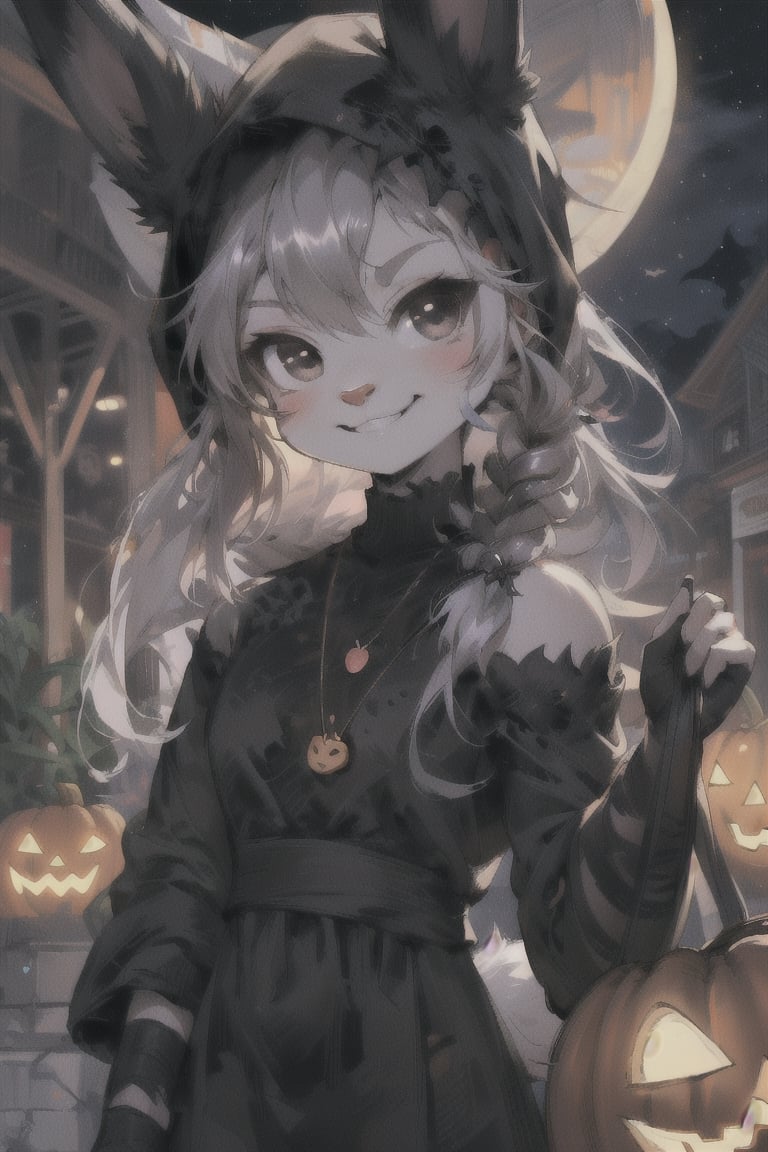 1girl, cute, rabbit furry, rabbit girl,  kemono, chibi, loli. black eyes, smirking, naughty face, bunny nose. goth girl, wearing black clothes, black head covering, hair covered, black rabbit ears, short white rabbit tail. village square at halloween, pumpkins, jack-o-lantern. 