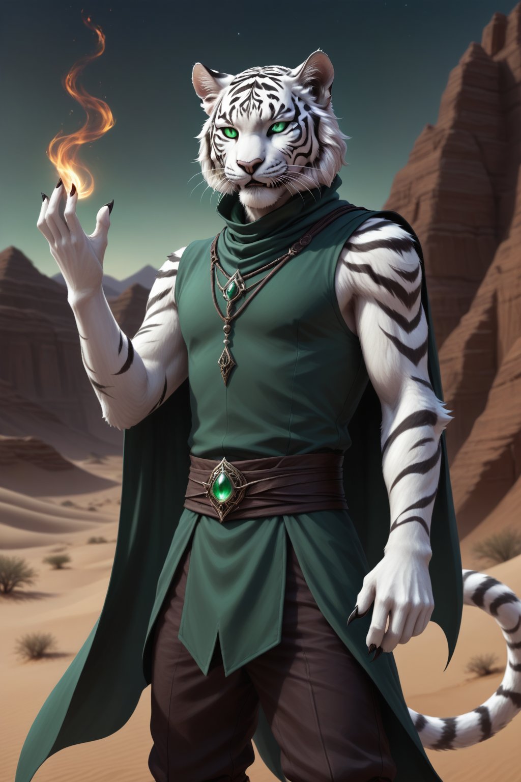 Score_9, score_8_up, score_7_up, score_6_up, score_5_up, A majestic anthropomorphic catman, a white tiger tiefling, stands tall amidst a desolate desert evening. His slender, lean physique is draped in loose dark green shirt, green vest and pants, and brown leather armor, with a black translucent cape flowing behind him. Bald, with green slit eyes gleaming mischievously, he sports an evil grin, showcasing sharp white teeth. His clawed fingers, adorned with black claws on fingertips, are outstretched, holding crackling white fire between them as if defying gravity. In mid-air, he levitates, exuding a sense of telekinetic power. green fire magic, glowing, evil, demonic, demon, scary, curved horns, tiefling, horns.,Tiefling,tail, pointed ears, colored s, skinny, gaunt, starving, 