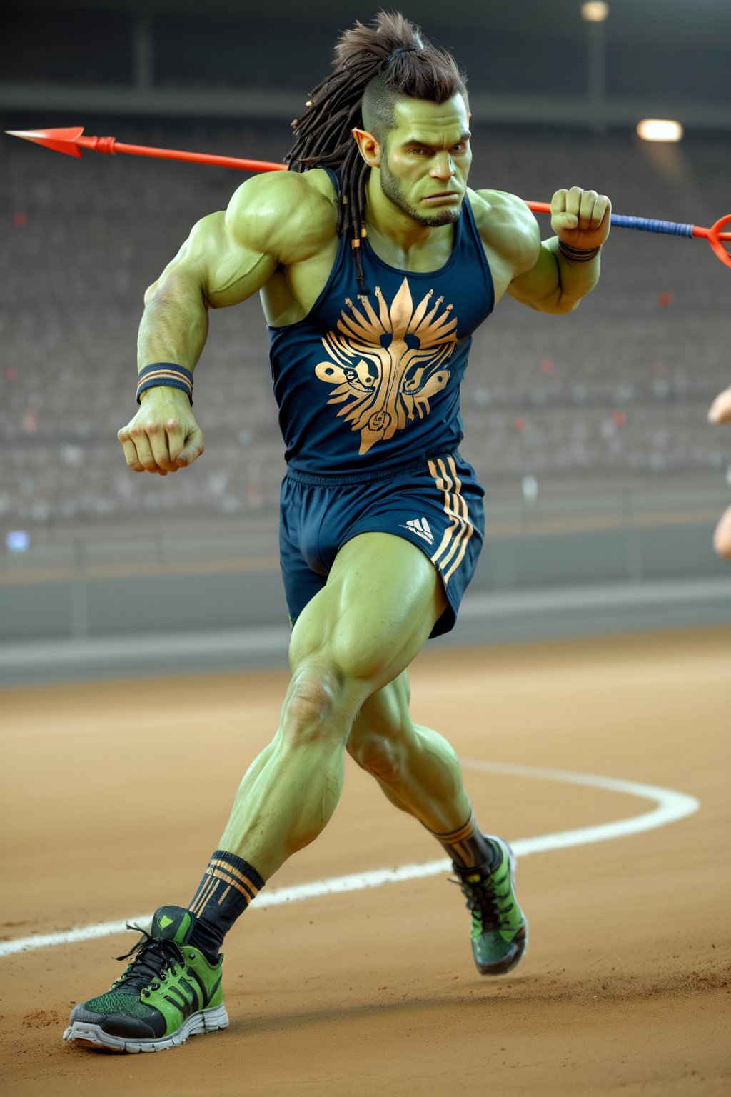 score_9,score_8_up,score_7_up,score_6_up, 4K fantasy anime style, digital drawing mode, green skinned male orc barbarian, orc man with black hair in dreadlocks, wild green eyes, leaning backwards, wearing sports clothes reminiscent of primitive barbarian armor adorned with skulls and golden tribal tattoos, male olympic athlete, holding a long (spear, javelin) up across his chest ready to throw, background of an olympic stadium, green skin tone, full_body, dynamic pose, throwing, detailed clothing and skin texture, sports shoes, full HD, 4K, HDR, depth of field, action shot, holding javelin, raised hand, realistic, photoreal, photorealistic,source_anime