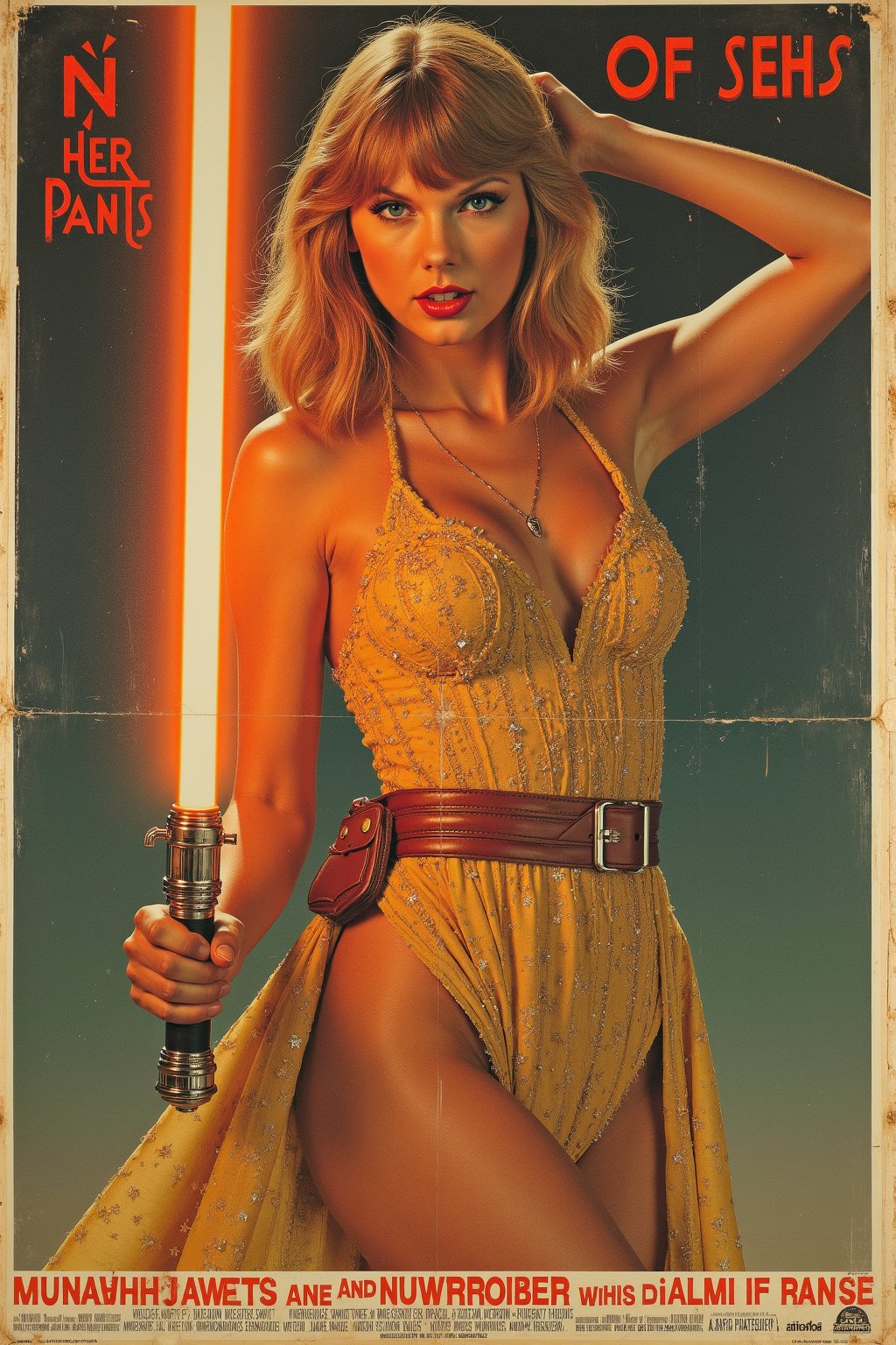 (old, vintage:1.2), (retro sci-fi movie poster:1.3), (big title, IN HER PANTIES, subtitle:1.3, (atompunk:1.3), (Starring Taylor Swift, holding orange lightsaber) (helpless pin_up girl in front, revealing torn dress:1.2), photo realistic Taylor Swift, wearing outfit from eras tour. 