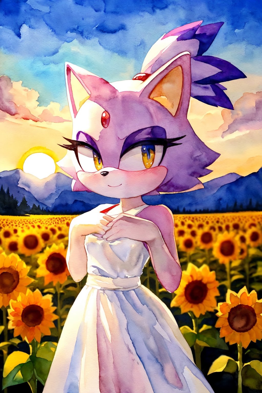 best quality, masterpiece, Blaze the cat, sunset, sunflower field, looking at viewer, blushing, white dress, watercolor, cute