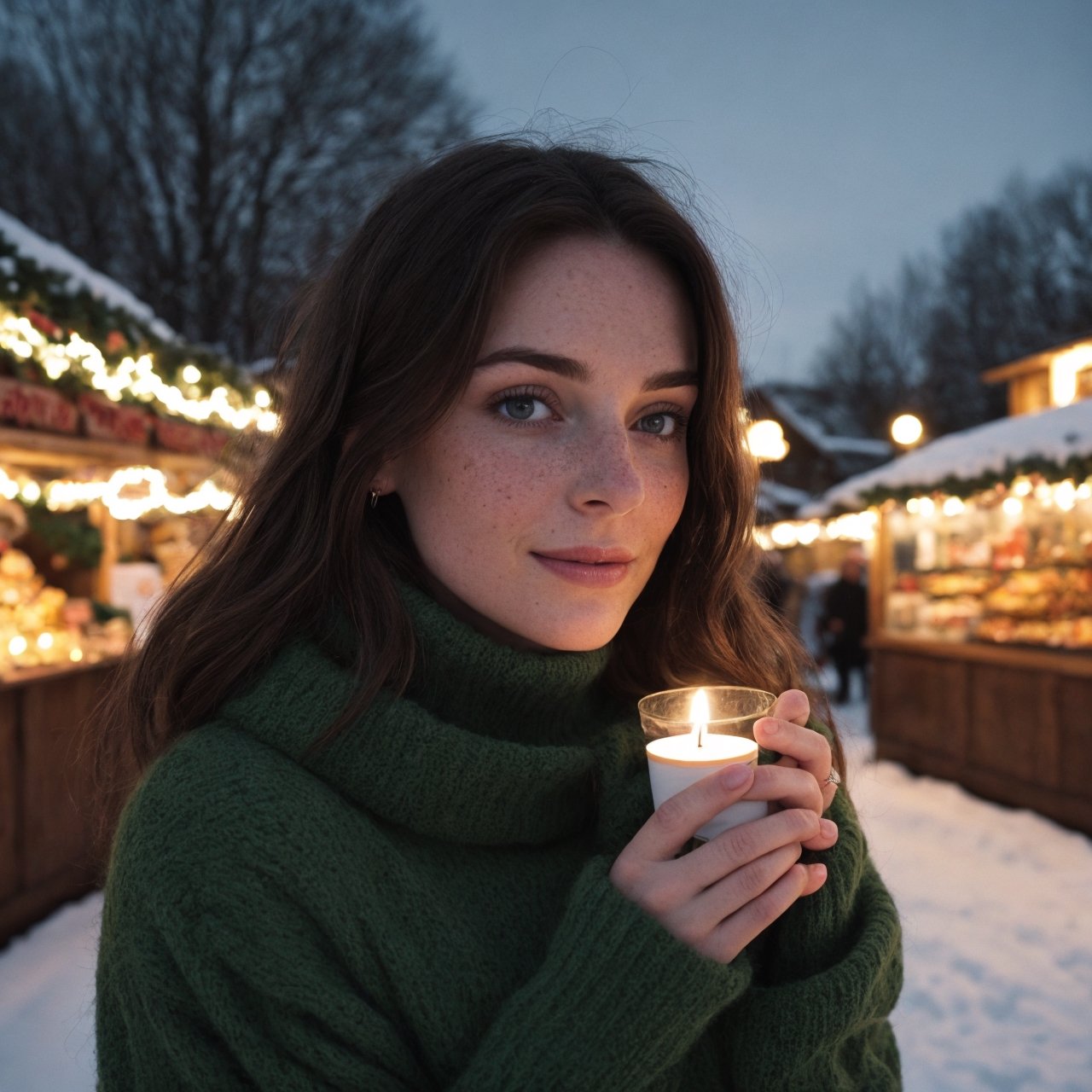 make the background look like a christmas market in a small village, christmas tree in the background, candle light full-length picture, warm lighting, medium hair, detailed face, detailed nose, woman wearing a comfy turtle neck and a winter jacket, drinking from a cup, freckles, smirk, realism, realistic, raw, analog, woman, portrait, photorealistic, analog ,realism