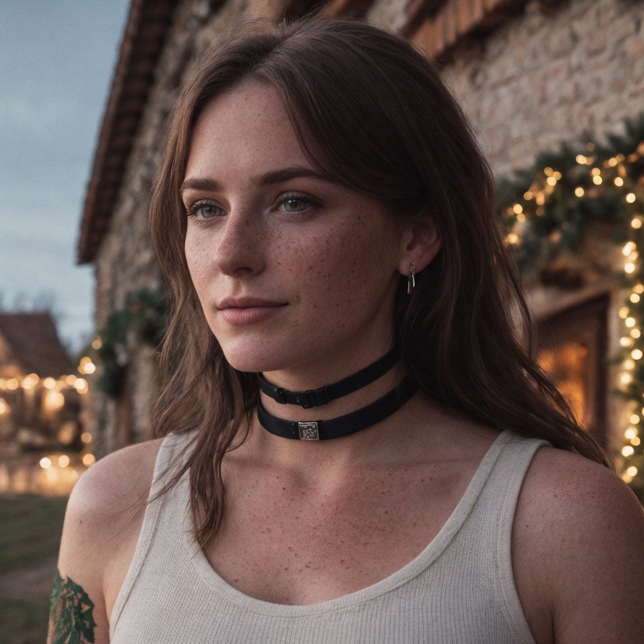 make the background look like a small village in christmas, full-length picture, warm lighting, medium hair, detailed face, detailed nose, woman wearing tank top, freckles, collar or choker, smirk, tattoo, realism, realistic, raw, analog, woman, portrait, photorealistic, analog ,realism