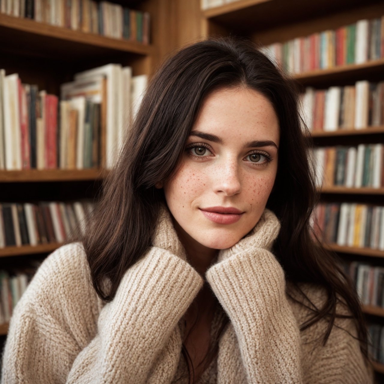 natural pose, i want a casual image in the style that the new generation is now drawn to, backgrounds should be random like you might see in everyday life but christmas themed, photo, full-length picture, dramatic lighting, medium hair, detailed face, detailed nose, woman wearing something cozy in a warm light and cozy book store looking for her next adventure, freckles, smirk, realism, realistic, raw, analog, woman, photorealistic, analog ,realism