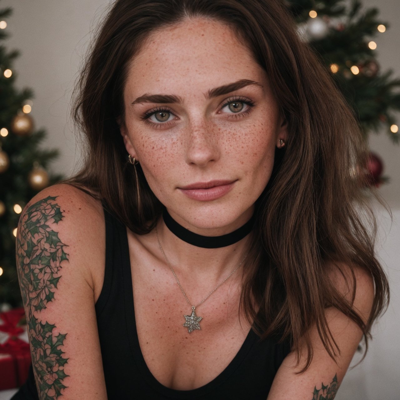 make the background look like a family gathering on christmas, christmas tree in the background, candle light full-length picture, warm lighting, medium hair, detailed face, detailed nose, woman wearing tank top, freckles, collar or choker, smirk, tattoo, realism, realistic, raw, analog, woman, portrait, photorealistic, analog ,realism