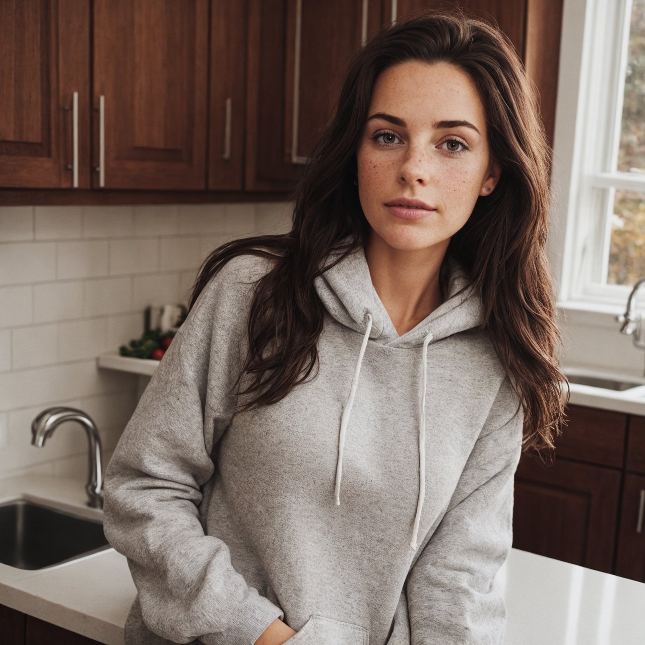 make the background look like kitchen, very tidy, some knifes and clean dishes on the counter and some vegetables, full-length picture, warm lighting, medium hair, detailed face, detailed nose, woman wearing a christmas hoodie, standing behind the kitchen counter as if you caught here in the moment, freckles, smirk, realism, realistic, raw, analog, woman, portrait, photorealistic, analog ,realism