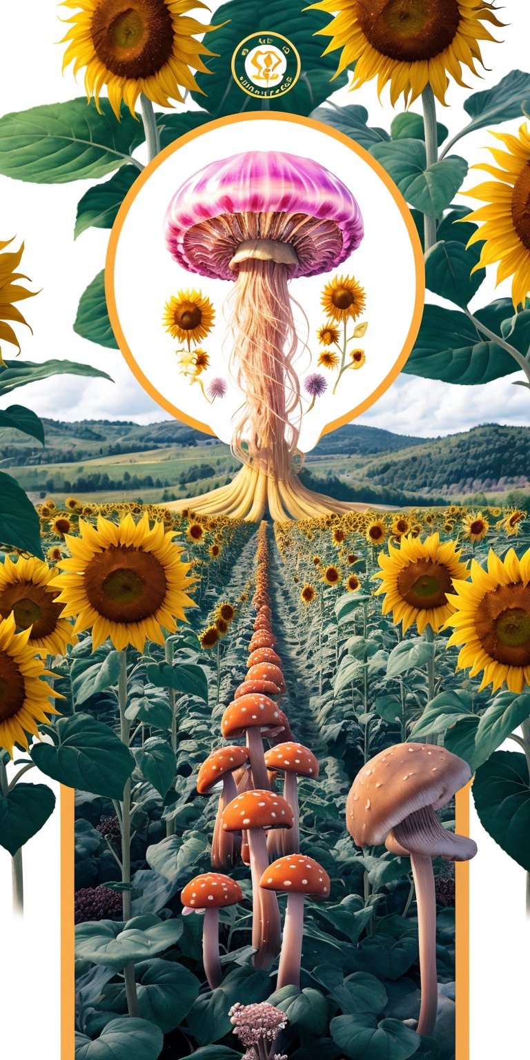  logo with bright jellyfish, flower fields, mushrooms and sunflowers