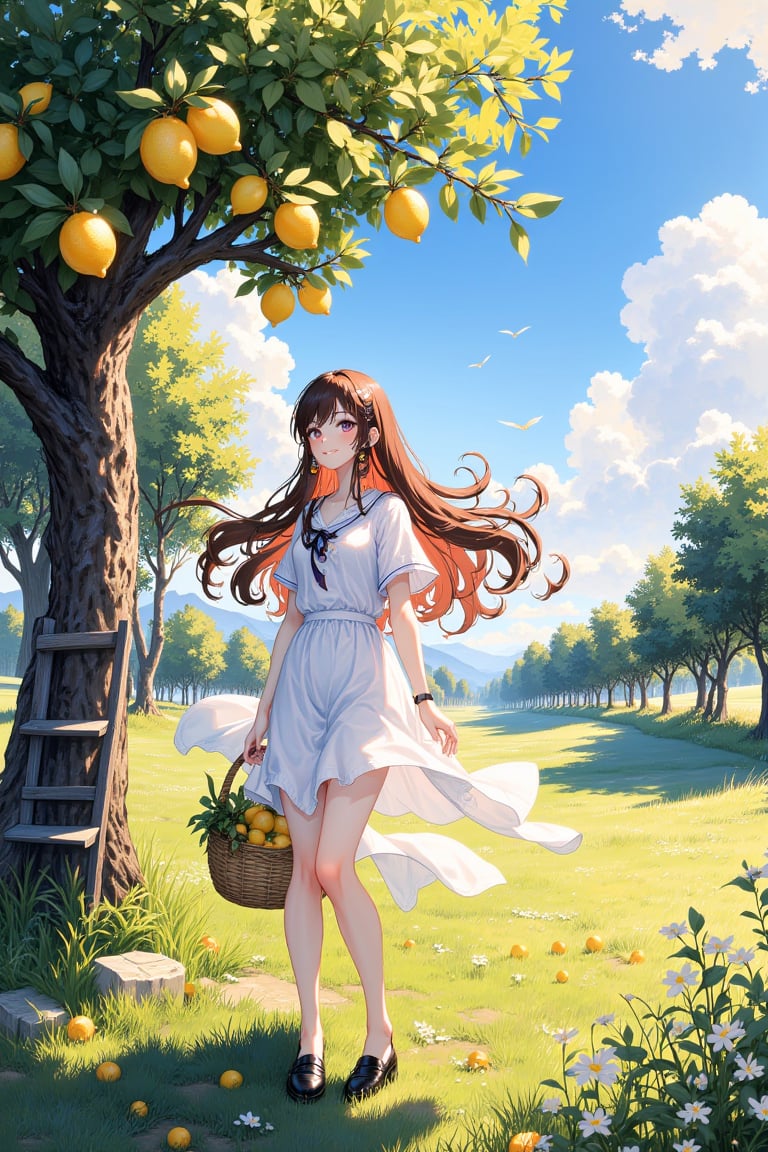 In a sun-drenched orchard, an anime woman with sun-kissed skin and flowing chestnut hair bends gracefully beneath a bough laden with vibrant, golden lemons. The sweet, tangy scent of citrus fills the warm afternoon air, mingling with the fragrant notes of blooming wildflowers scattered throughout the lush green grass. Clad in a simple, light linen dress that flutters gently in the soft breeze, she carefully plucks the ripe fruits, her fingertips brushing against the cool, dimpled skin of the lemons, their glossy surfaces glistening like small suns. The bright blue sky stretches endlessly above, punctuated by fluffy white clouds lazily drifting by, while the sound of fluttering leaves and distant chirping of birds creates a serene symphony of nature. As she fills her woven basket, the excitement of each lemon’s fresh tang brings a smile to her lips, reflecting her deep connection to this bountiful land. Nearby, an old wooden ladder leans against a tree, hinting at the task ahead, as she contemplates climbing higher to reach the juicier fruits suspended just out of reach. Sunlight flickers through the leaves, casting playful shadows on her face, and the warmth of the sun embraces her as she revels in the peaceful rhythm of the harvest.