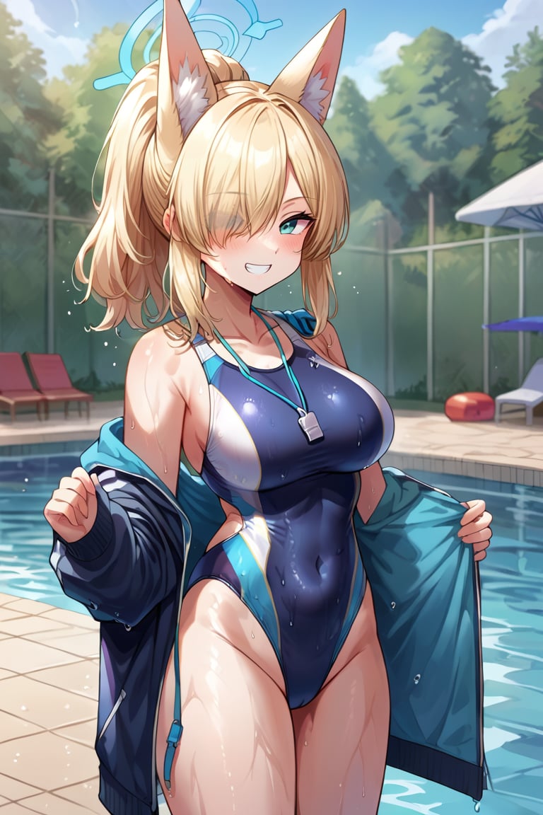 score_9, score_8_up, 1girl, masterpiece, ,whistle around neck,1girl,hair over one eye,animal ear fluff,kanna (blue archive),blonde hair,open jacket,extra ears,smile,day,blue halo,outdoors,solo,competition swimsuit,wet,halo,open clothes,long sleeves,covered navel,whistle,breasts,looking at viewer,pool,water,animal ears,kanna (swimsuit) (blue archive),long hair,blush,large breasts,dog ears,fieryonion,blue eyes,blue jacket,blue archive,blurry background,jacket,swimsuit,one-piece swimsuit,ponytail,grin,blurry
