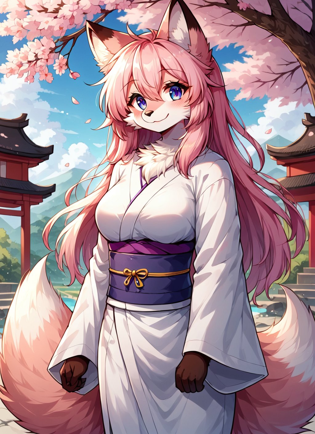 score 9, score 8 up, 1girl, solo, masterpiece, megafluffypony, fluffy, furry, kemono, furry, kimono, japanese temple, outdoors, sakura, cherry_blossoms, medium_breasts, long hair, fox ears, pink hair, smile, blue, purple eyes, cowboy shot, scenery, cute, pink body, fox tail,