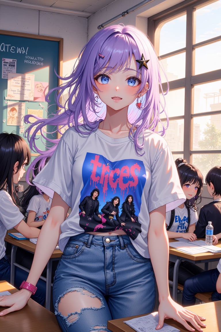 In a bustling high school classroom, a spirited teenage girl with vibrant, shoulder-length lavender hair stands out among her peers. Her bright blue eyes sparkle with mischief as she playfully sticks out her tongue in a cheeky gesture, her youthful energy radiating throughout the room. Sunlight streams through the large, arched windows, casting warm rays that illuminate the posters of famous scientists and motivational quotes adorning the walls. The wooden desks are scattered with colorful notebooks and half-empty water bottles, while the gentle hum of students whispering and shuffling papers fills the air. The girl wears a stylish, slightly oversized graphic tee decorated with her favorite band, paired with ripped jeans that boast a hint of rebellion. In this moment, her carefree spirit encapsulates the excitement and youthful exuberance of high school life, as she exchanges playful glances with her friends seated nearby, their laughter ringing like music in the vibrant atmosphere.